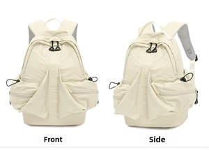 Front and side view of minimalist space-themed backpack in off-white nylon
