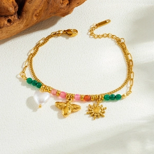 Vintage-Armband aus Edelstahl mit Perlen, Herz-, Bienen- und Sonnenanhängern