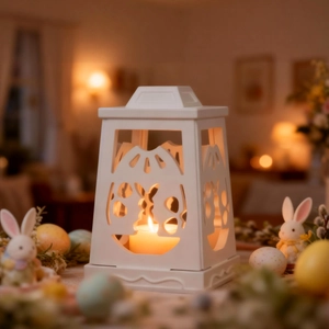 Witte holle paashaas kandelaar met brandende kaars voor feestelijke woondecoratie binnen