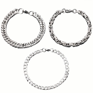 Three-piece silver Cuban, Byzantine and flat chain bracelet set for men in stainless steel