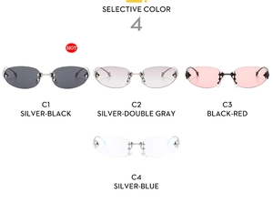 Detail of Y2K star metal accents on rimless oval punk sunglasses in four trendy colors