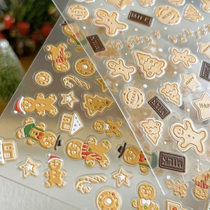 3D relief Christmas nail art stickers featuring gingerbread man, tree and candy cane