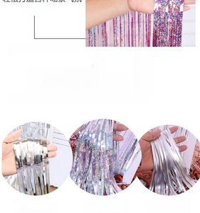 Detail view of party foil fringe curtain in glossy, laser, and matte finish PET materials