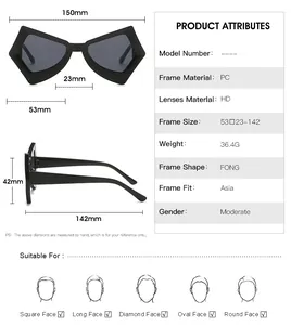 Detailed size chart for butterfly sunglasses showing frame width and lens dimensions