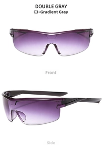 Front and side views of purple gradient lenses sports sunglasses with wrap-around frame