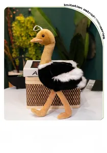 Plush imitation ostrich doll with soft black and white fur in a cozy home setting
