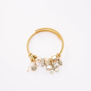Adjustable golden stainless steel wire bracelet with butterfly and rhinestone charms