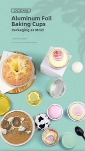 Close-up of colorful round aluminum foil baking cups with lids for desserts and cakes