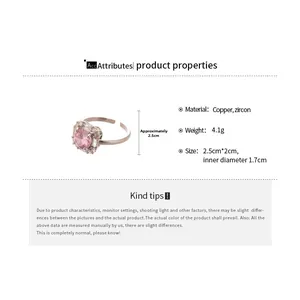 Detail view of pink square zircon ring with dimensions and copper material specs