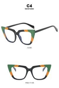 Front and side views of color-blocked cat-eye glasses frame in green and orange