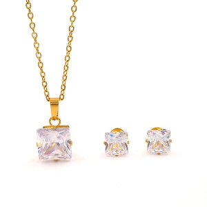 Elegant gold plated stainless steel jewelry set with square zircon necklace and stud earrings