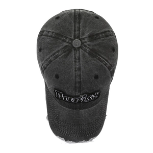 Vintage washed dark grey cotton baseball cap with Purist embroidery and distressed holes