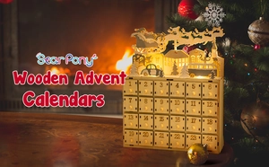 Detail of wooden 24-day advent calendar with warm LED lights and laser-cut reindeer scene