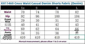 Detailed size chart for denim shorts featuring waist, hip, and length measurements