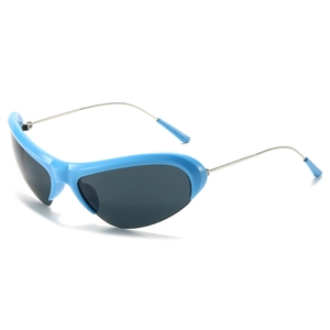 Y2K sporty semi-rimless sunglasses with light blue frames and silver metal legs