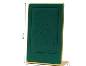 Detail of 14.5cm gold metal jewelry stand with dark green microfiber velvet earring panel