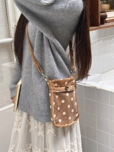 Braune Cord-Handytasche mit weißen Punkten und durchsichtigem PVC-Frontfach für Damen