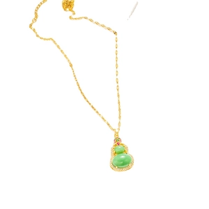 Titanium steel necklace with green jade gourd pendant and sparkling colorful gemstones