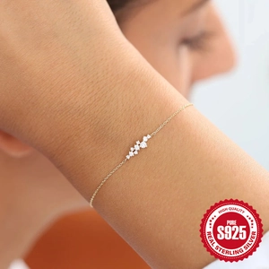 Elegant gold S925 sterling silver thin chain bracelet with sparkling round zircon clusters