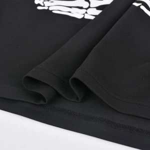 Macro shot of black ribbed fabric showing precise double stitching and white bone print