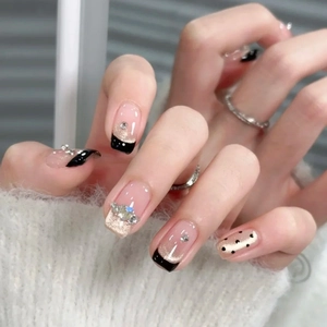 Press On Nails Black French Tip Short Square Cat Eye Gold Glitter Rhinestone Polka Dot Glossy Elegant Fake Nails For Women