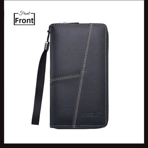 Macro view of black long wallet with contrast stitching and detachable wrist strap