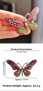 Detailed view of crystal butterfly brooch wings and size measurements in centimeters