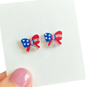 Independence Day sparkly red white and blue glitter bow earrings for women celebration