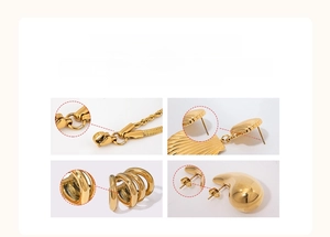 Detail of vacuum gold-plated stainless steel earrings and necklace with clasp close-up