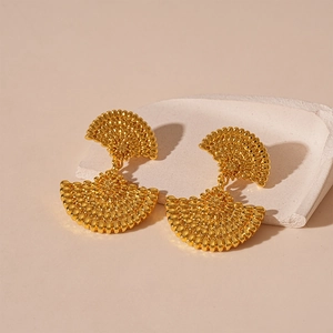 Vintage gold plated fan shaped geometric earrings with textured metallic relief pattern