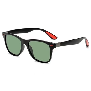 Classic men's square sunglasses with black frame and dark green lenses for UV protection