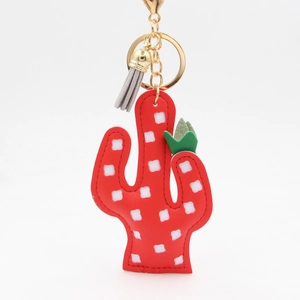 Porte-clés cactus en cuir PU avec pompon gris et fermoir mousqueton doré pour sacs