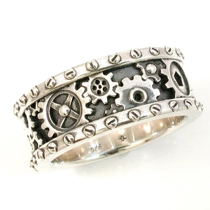 Steampunk Zahnradring aus 925 Sterling Silber mit industriellem Mechanik-Design