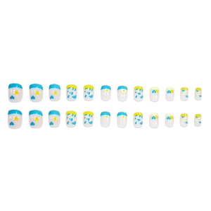 Short square press-on nails with cute heart and flower patterns in blue and yellow
