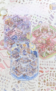 Macro view of 3D miniature zoo and cat stickers set with whimsical hand-drawn scenery