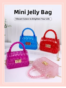Detail of mini jelly bags in four colors with PVC leaf texture and gold chain straps