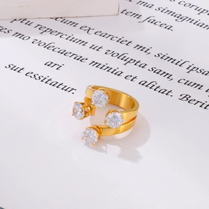 Detailed view of an 18K gold-plated double-layer open ring with four sparkling zircons