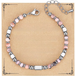 Bohemian 4mm pink zebra stone beaded bracelet with adjustable stainless steel chain and card