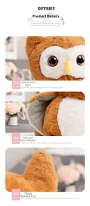 Detail of plush owl toy eyes and cotton wing fabric with soft thick rabbit fur texture