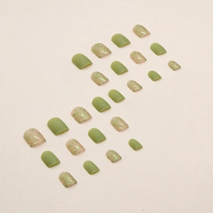 24pcs short square press-on nails featuring matte light green and glitter powder design