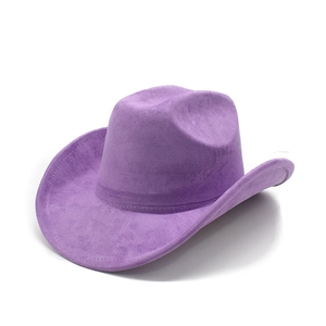 Close-up of a purple faux suede cowboy hat with wide brim and stitched edge detail