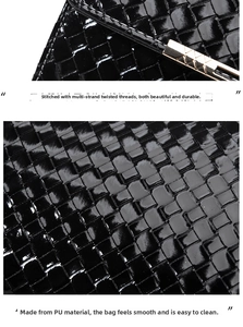 Detail of woven PU leather texture with fine stitching and metallic trim on black bag