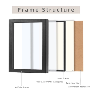 Exploded view of a black 3D shadow box frame with glass panel and display mats