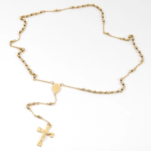 Golden 4mm stainless steel rosary necklace with cross pendant and Mary medal charm