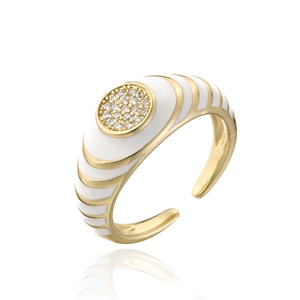 Retro 18K gold plated copper ring with white enamel stripes and zircon geometric inlay