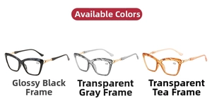 Detailansicht der Cateye-Lesebrille in Schwarz, transparentem Grau und Teebraun-Farben