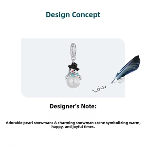Detail of S925 sterling silver snowman charm with enamel scarf and pearlescent body