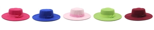 Row of colorful wool felt boater hats with matching ribbon bows in multiple vibrant colors