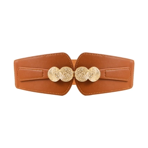 Stylish brown elastic wide waist belt for women with golden four-ring decorative buckle