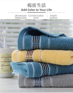 Folded thick absorbent cotton towels in blue, yellow and grey for bathroom use